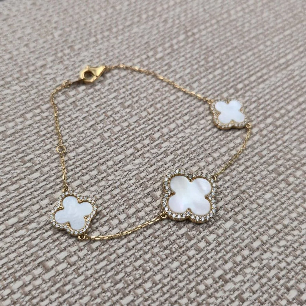 7.5 Inch Gold Over Sterling Silver White Shell And Cubic Zirconia Bracelet A6309 - Picture 2 of 7